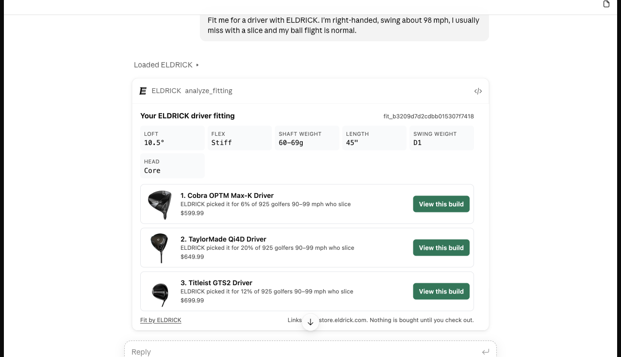 ELDRICK's driver fitting card inside Claude: 10.5° loft, stiff flex, 60–69g shaft, 45 inch length, D1 swing weight, and three matched drivers with prices
